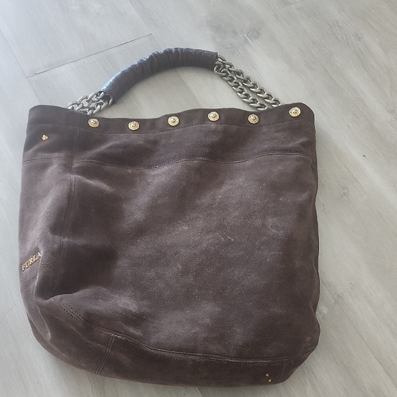 Furla Chocolate Brown Suede Tote with Gold Accents W/Gunmetal Chain Handle - Picture 1 of 10